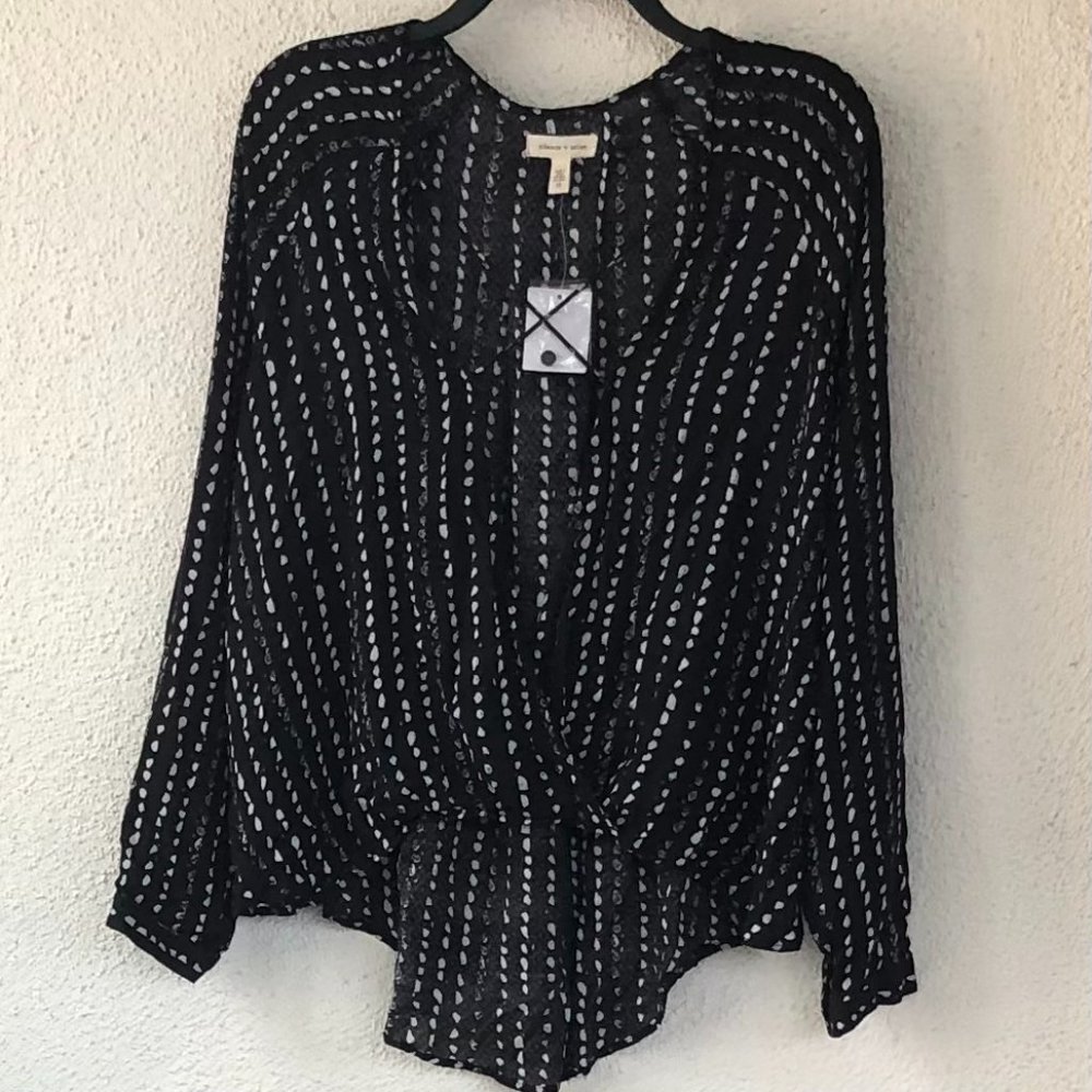 Silence + Noise Long Sleeve Diamond Print Faux Wrap Blouse Black Motif Size M